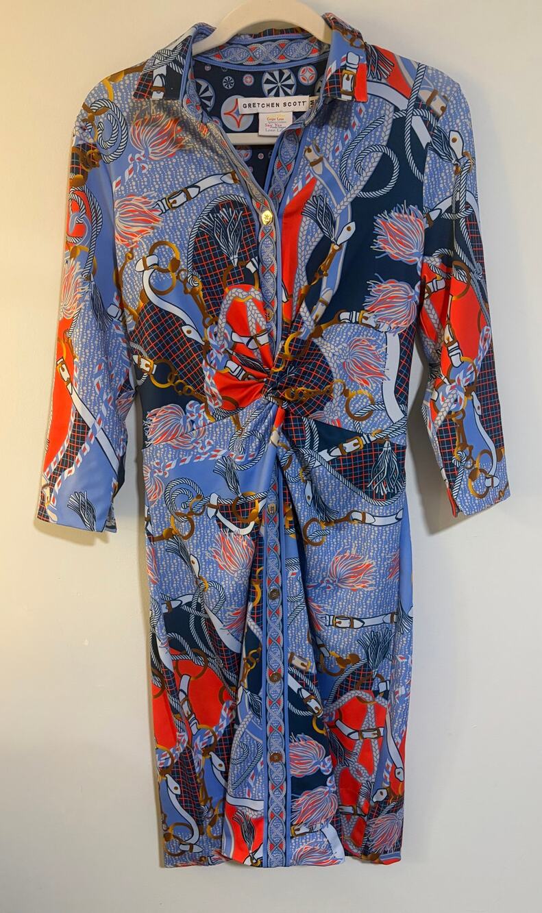 Gretchen Scott Blue Equestrian Horse Bit Print Belted Midi Shirt Dress M